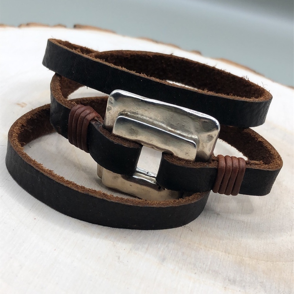 Handmade rustic modernist boho statement style leather wrap bracelet-unisex.